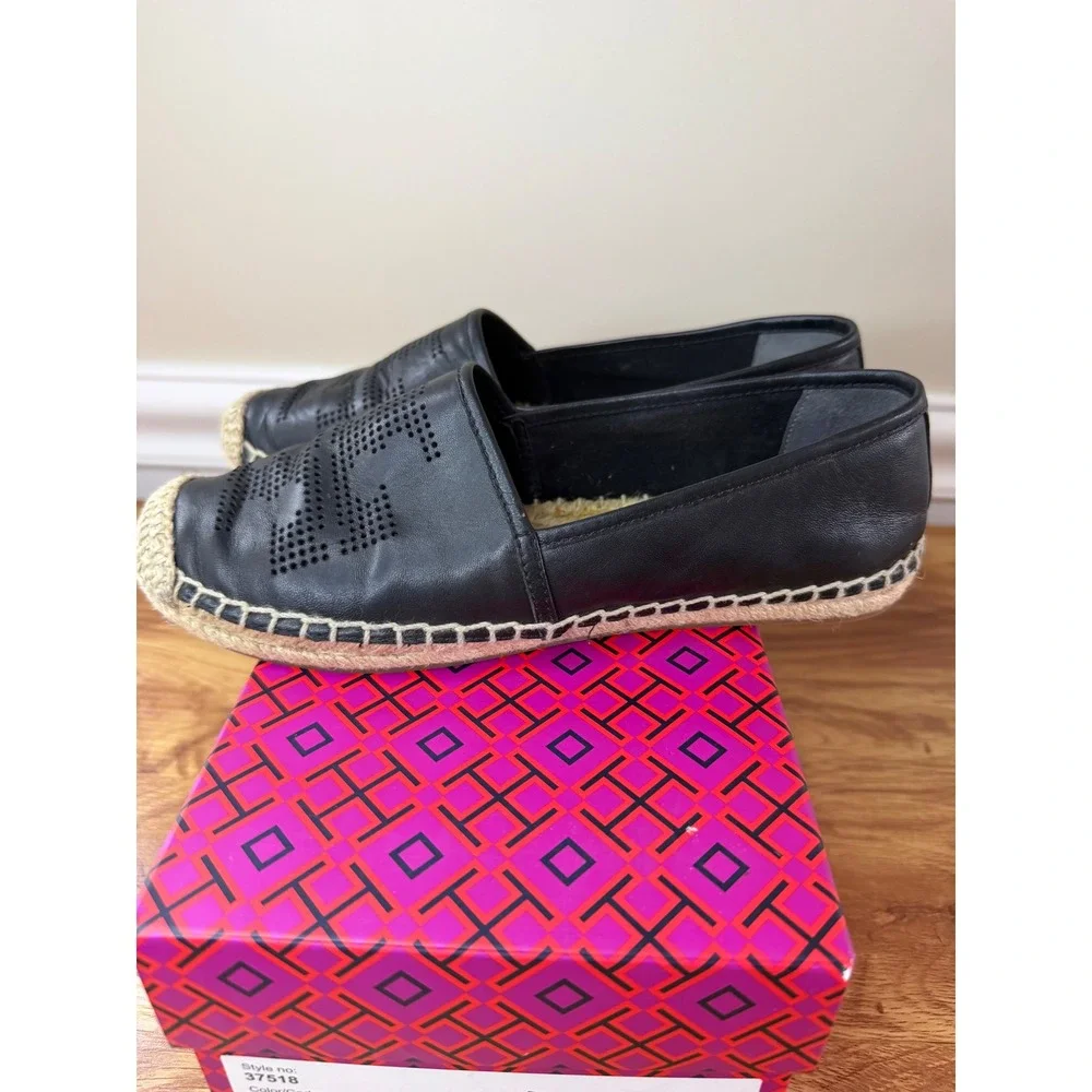 Tory Burch Black Perforated Logo Nappa Leather Espadrille Flats Size 6.5
